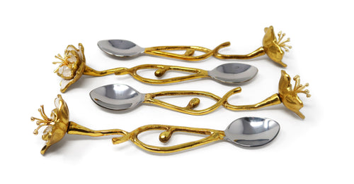 Set of 4 Gold Dessert Spoons with White Enamel Flowers