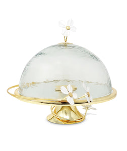 Gold Base Cake Stand and Platter Glass Cover w Jewel Flower, 12"D