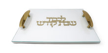 Load image into Gallery viewer, White Leather Challah Board with Glass Top and Gold Print and Handles