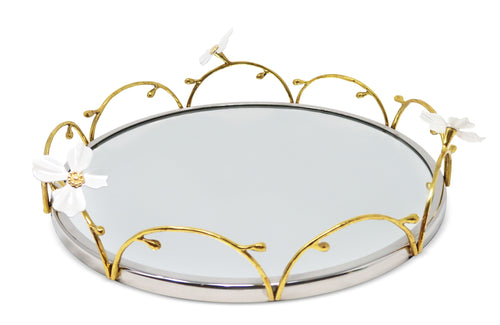 Gold Loop Round Tray with Jewel Flowers Design, 13