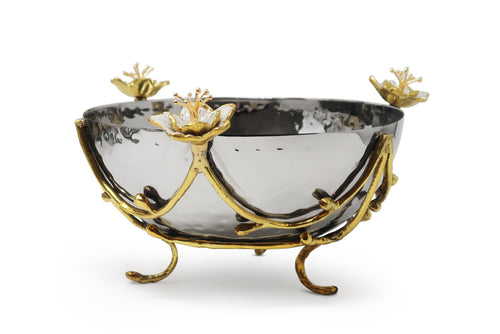 Stainless Steel Extra Large Bowl with Gold Design and White Enamel Flower