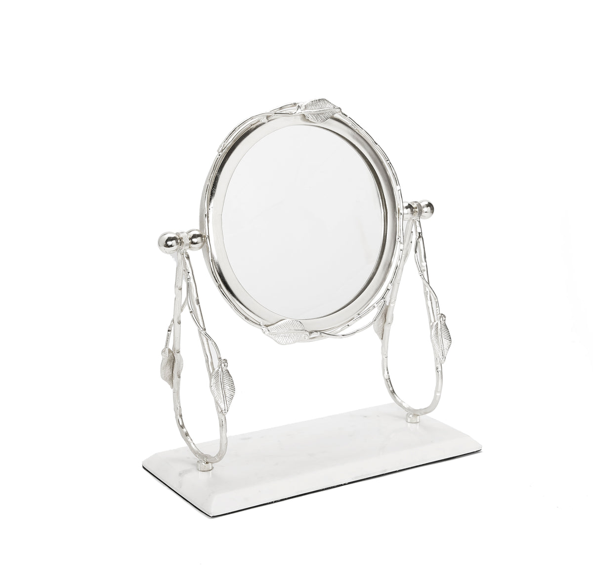 Table Mirror Silver leaf Border White Marble Base 12" x 5.5" 8"H