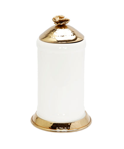 Medium White Glass Canister Gold Hammered Lid and Base Flower Knob, 10