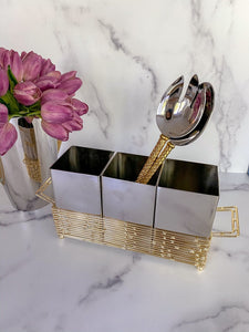 Gold Brick Design Cutlery Holder with Hammered Stainless Inserts