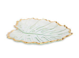 Glass Leaf Dish with Gold Rim 9.5"L 8.25"W