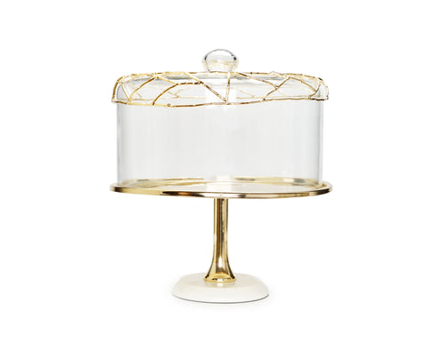 Gold Cake Tray Glass Dome, White Marble Base Mesh Design