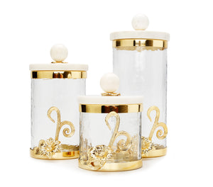 Small Glass Canister with Gold Design and Marble Lid