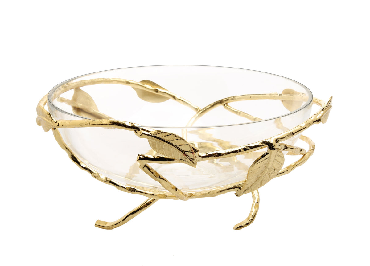 Hammered Glass Salad Bowl with Gold Brass Leaf Decoration Classic