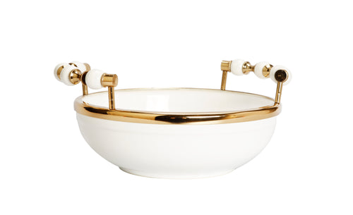 White Round Bowl with Two Gold and White Beaded Design Handles 10