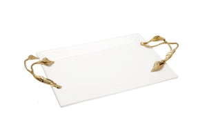 White Rectangular Tray with Gold Leaf Design Handles