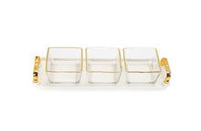 Load image into Gallery viewer, 3 Bowl Serving Dish White Tray with Glass Bowls Gold Trimmed - 13.5&quot;L