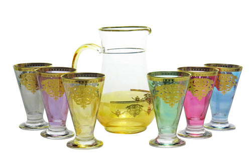 7 Piece Drinkware Set with Gold Artwork-Assorted Colors