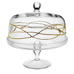 Cake Stand with Dome with Gold Swirl Design