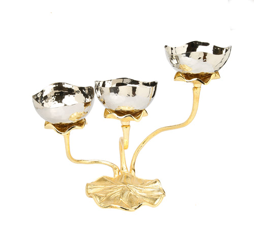 3 Bowl Stainless Steel Relish Dish with Gold Lotus Foot