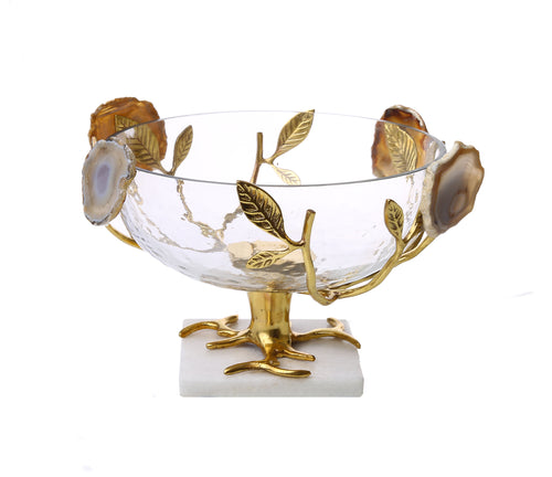 Glass Salad Bowl With Gold Leaf-Agate Stone Design - 8.25