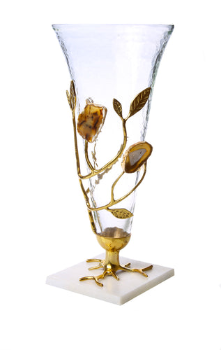 Glass Vase With Gold Leaf-Agate Stone Design - 6.75