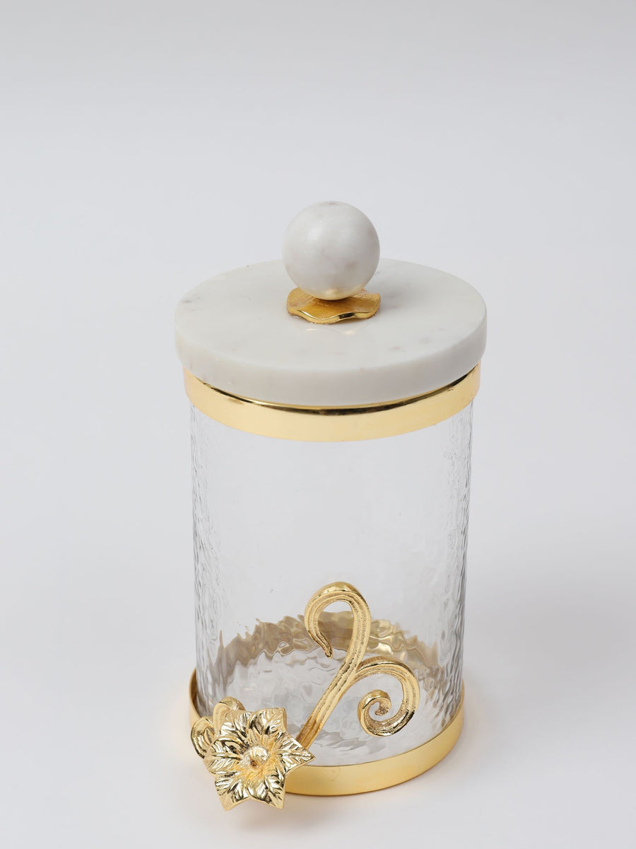 Large Hammered Glass Canisters with Gold Design and Marble Lid – Classic  Touch Decor