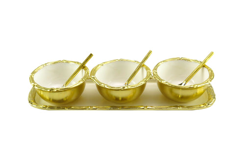 White Enamel Rectangular Tray with 3 Round Bowls And Spoons