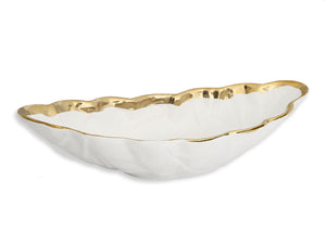 16.75"L White Porcelain Leaf Shaped Bowl with Gold Border