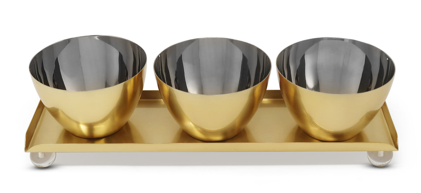 Gold 3 Bowl Relish Dish on Tray with Ball Legs - 14.8