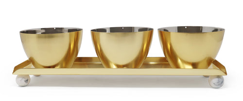 Gold 3 Bowl Relish Dish on Tray with Ball Legs - 14.8