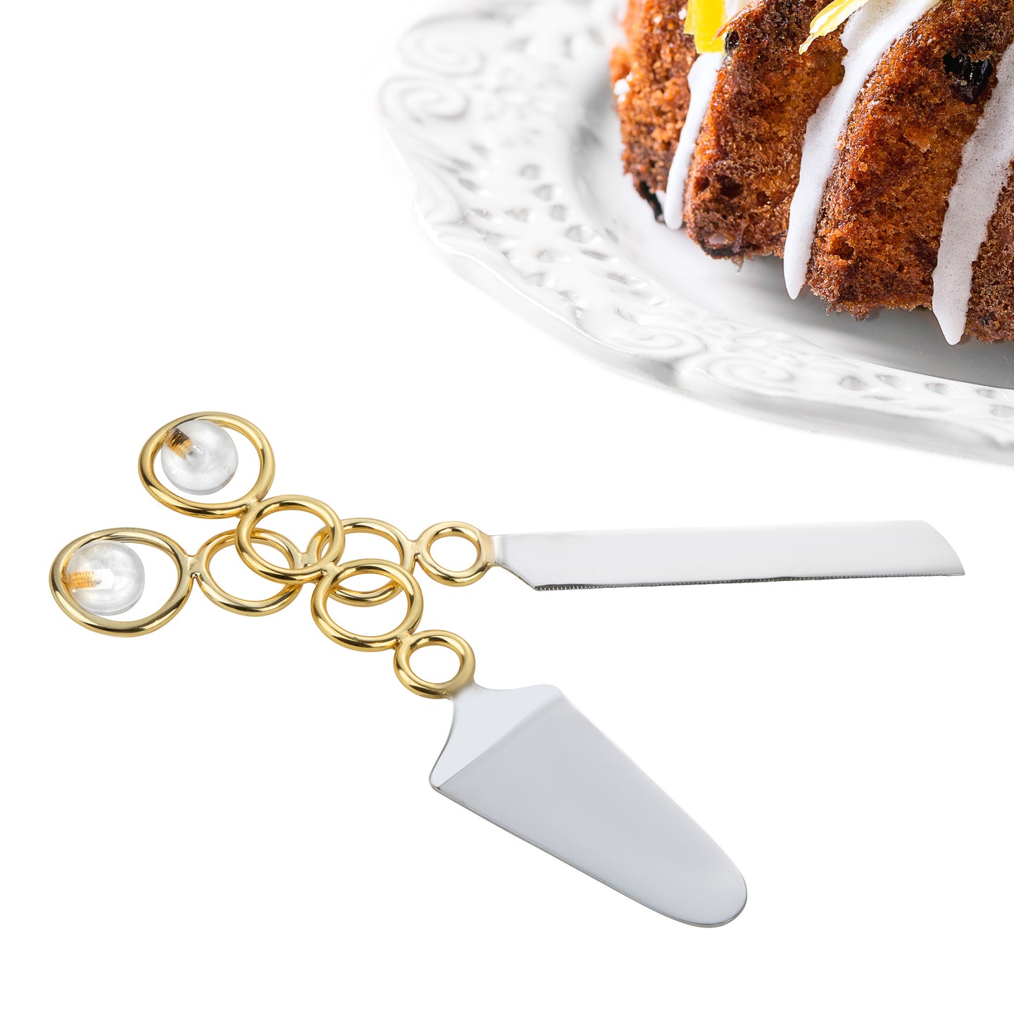 Cake/Salad Servers with Gold Loop Design and Clear Ball