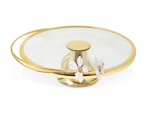 Gold Base Cake Stand and Platter Glass Cover w Jewel Flower, 12"D