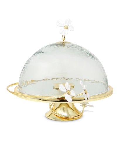 Gold Base Cake Stand and Platter Glass Cover w Jewel Flower, 12