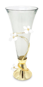 Gold Base Glass Vase  With Jewel Flower Design, 16"H
