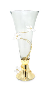 Gold Base Glass Vase  With Jewel Flower Design, 16"H