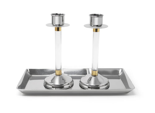 Set of 2 Stainless Steel Candlesticks with Acrylic Stemmed on a Tray