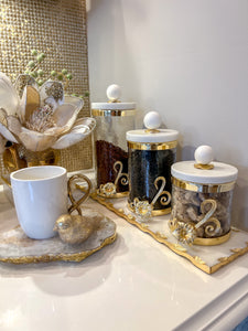 Large Glass Canister with Gold Design and Marble Lid