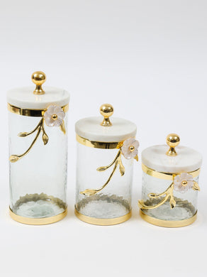 Hammered Glass Canister with White Enamel and Gold Leaf Flower, Marble Lid with Gold knob (3 sizes)