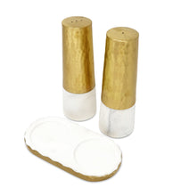 Load image into Gallery viewer, Marble and Gold Salt &amp; Pepper Shaker  Set on Tray, 8&quot;