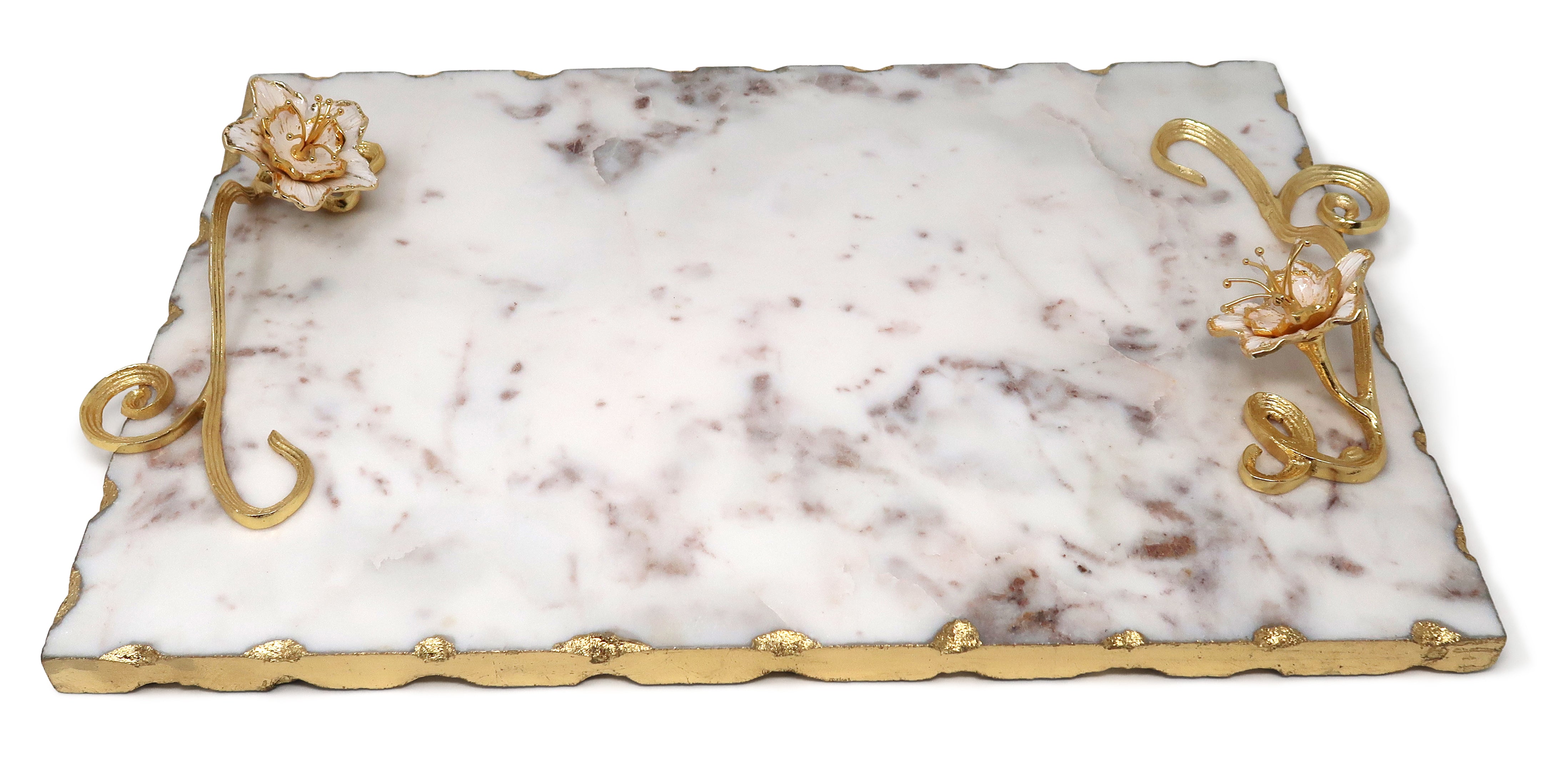 White Marble Tray with Enamel Flower Handle – Classic Touch Decor