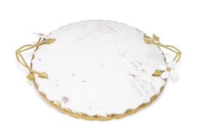 Marble Round  Tray with Gold Flower Handles, 15"D
