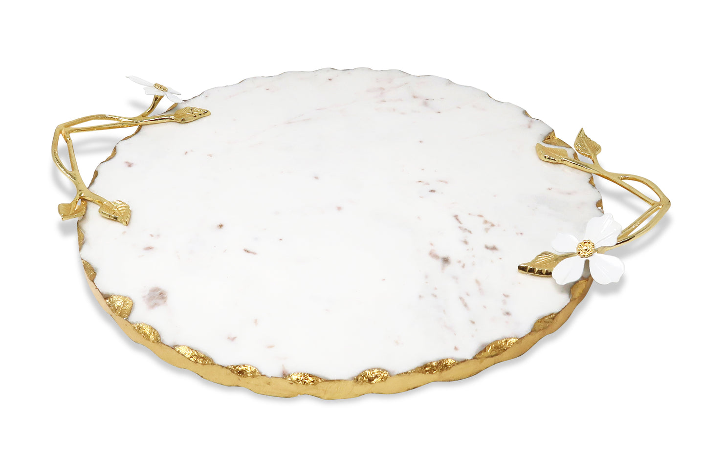 Marble Round  Tray with Gold Flower Handles, 15