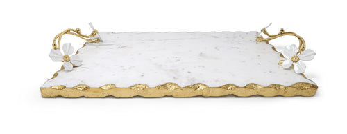 White Marble Tray with Gold Design and Jeweled Flower Handles