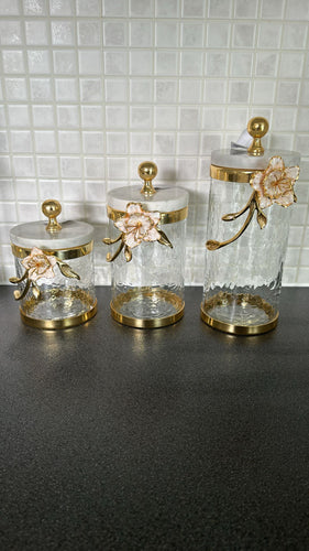 Hammered Glass Canister with White Enamel and Gold Leaf Flower, Marble Lid with Gold knob (3 sizes)