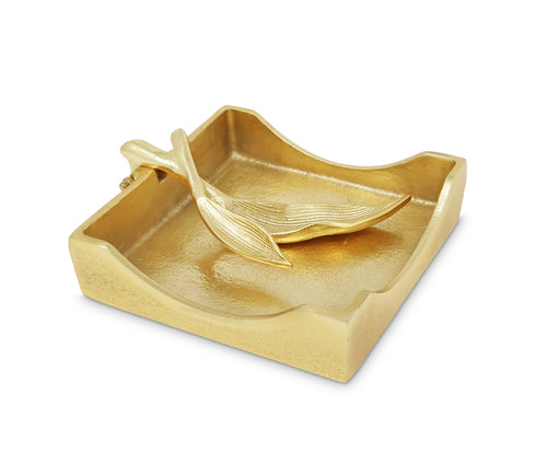 Gold Square Napkin Holder with Leaf Tong