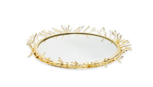 Decorative Round Mirrror Tray with Gold Design Border Large