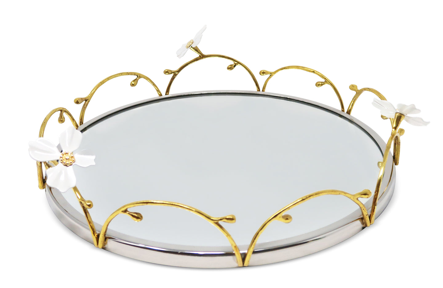 Gold Loop Round Tray with Jewel Flowers Design, 13