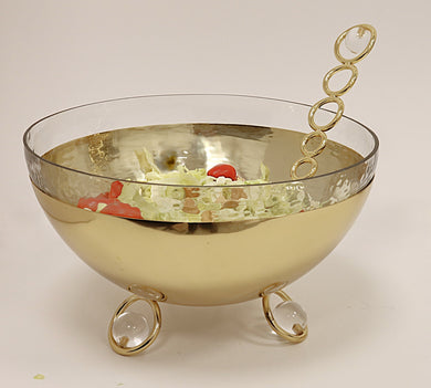 Salad Bowl with Glass Insert Gold and Clear Ball Legs - 11