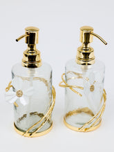 Load image into Gallery viewer, Glass Soap &amp; Lotion Dispenser with Gold Enamel Flower Design