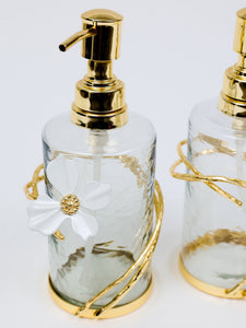 Glass Soap & Lotion Dispenser with Gold Enamel Flower Design