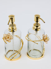 Load image into Gallery viewer, Glass Soap &amp; Lotion Dispenser with Gold Enamel Flower Design