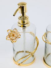 Load image into Gallery viewer, Glass Soap &amp; Lotion Dispenser with Gold Enamel Flower Design