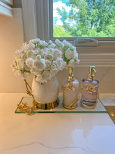 Load image into Gallery viewer, Glass Soap &amp; Lotion Dispenser with Gold Enamel Flower Design