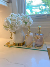 Load image into Gallery viewer, Glass Soap &amp; Lotion Dispenser with Gold Enamel Flower Design