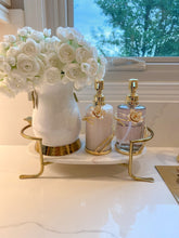 Load image into Gallery viewer, Glass Soap &amp; Lotion Dispenser with Gold Enamel Flower Design